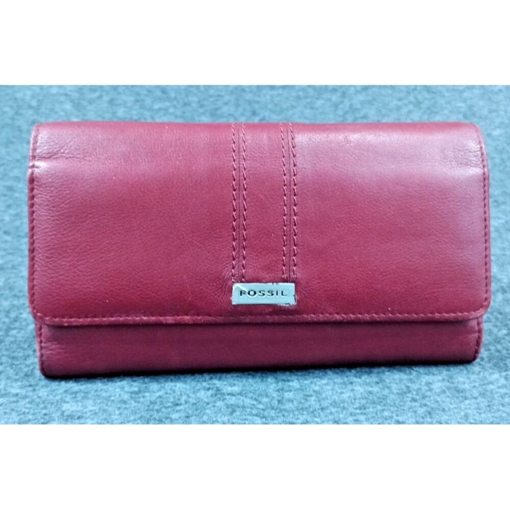Fossil Red Genuine Leather Trifold Wallet Remove Credit Card Sleeve Check Book